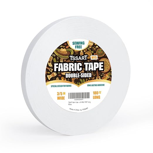 Fabric Tape M15 - Sticky Double-Sided Tape Strong Adhesive Cloth Leather Tape Press-on Tape, No Sewing or Ironing, Gluing, Alterations and Hemming- 3/5inch Wide 180FT Long