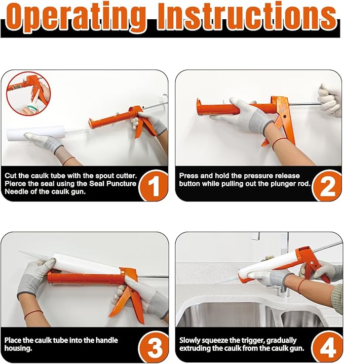 Holothurian Caulking Gun, Caulk Gun No Drip,Sealant Finishing Tool Grout Scraper for Kitchen Bathroom Window Sink Joint, 1/10 Gallon Cartridge, 10:1 Thrust Ratio, Orange, 2 Packs