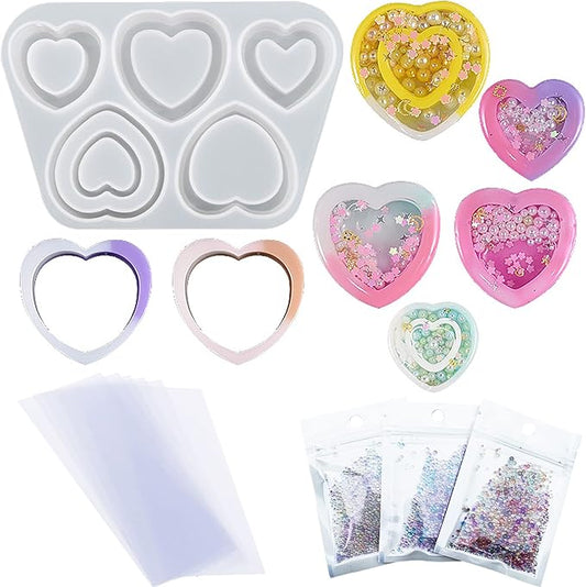 Resin Shaker Silicone Molds, Heart-Shaped Quicksand Silicone Molds Resin Casting Molds Epoxy with PVC Sheets and Colored Beads for Jewelry Making