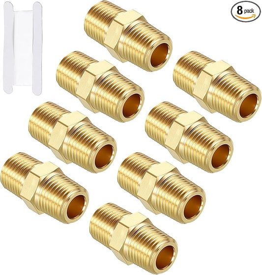 Packs of 8, 1/8" MNPT to 1/8" MNPT Solid Brass Hex Nipple Hose Connectors W/Sealing Tape, Male Pipe Adapter for Pipe Leak Repair, Bathroom Remodeling, Tool Extensions, Compression