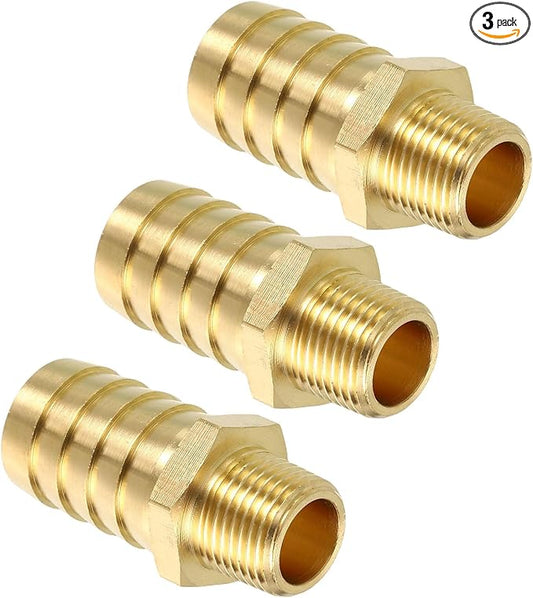 Pack of 3 Brass Hose Barbs Fittings 5/8" Hose Barbs to 1/4" NPT Male Fittings for Home Machines, Massage Bathtubs, and Irrigation Systems