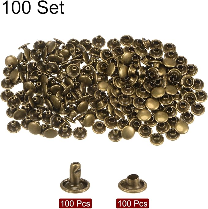 HARFINGTON 100 Sets Leather Rivets 6 x 8mm Metal Double Cap Rivet Snaps Studs Fasteners with 3pcs Setting Tools Rivets for Leather Craft DIY Repair Decoration, Bronze