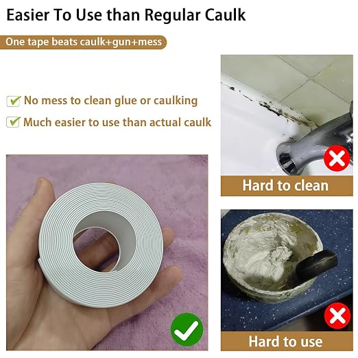 Caulk Tape, 10.5FT Peel and Stick Waterproof Seal Tape - No Tools No Mess Self-Adhesive Waterproof Tape for Toilet Bathtub Sink Tub Kitchen Countertop, Flexible PVC Strip Filler Caulking Tape