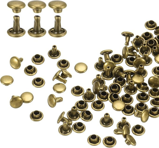 HARFINGTON 100 Sets Double Cap Leather Rivets, 6x6mm Round Cap Tubular Metal Studs Leather Crafting Rivets for Fabric Belt Pet Collar Boot Bag Repair and Decoration, Bronze