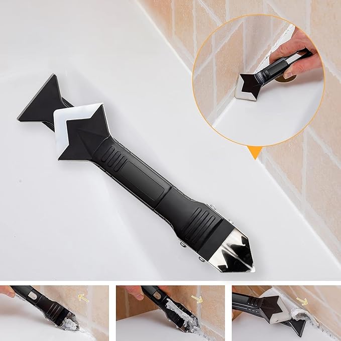 Sakerplus 3-in-1 Caulking Tool, Scraper & Silicone Trowel for Grout Removal and Caulk Smoothing, Sealant Application Tool for Bathroom Kitchen Tile Sink Window Frame (Classic with Scraper, 3 Sets)