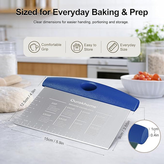 Ourokhome 2 Pack Bench Scraper Dough Cutter, Stainless Steel Dough Scraper with Laser-Etched Scale, Conversion Chart, Non-Slip Handle, Dishwasher Safe for Bread & Pastry, Blue