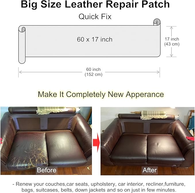 Leather Repair Kit for Furniture, 60x17 inch Self Adhesive Leather Repair Patch Tape, Vinyl Repair Kit for Couches, Furniture, Car Seat, Boat Seat, Sofa, Vinyl Upholstery, Chair, Interior - Ivory