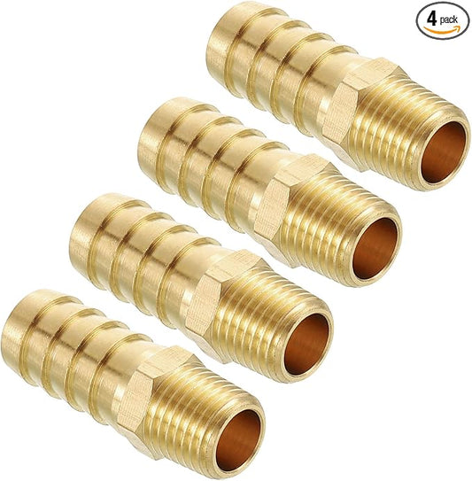 Pack of 4 Brass Hose Barb Fittings Adapter Connector 1/2" Hose Barb to 1/4" NPT Male Fittings for Home Machines, Massage Bathtubs, and Irrigation Systems