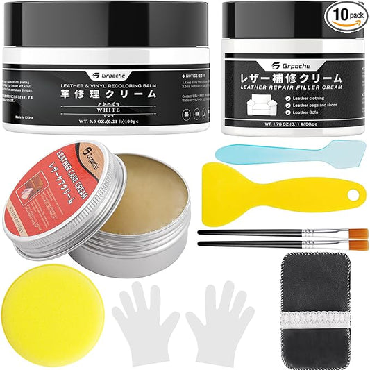 Leather Recoloring Balm White, Mink Oil Leather Conditioner & Leather Filler Cream, Leather Repair Kit for Furniture,Vinyl Repair Kit Restore Couches, Car Seats, Purse, Scratch, Peeling, Burn Holes