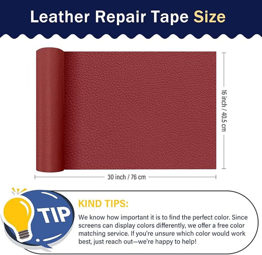 Zenyao Leather Repair Patch Tape - Self Adhesive Leather Repair Kit for Car Seat Furniture, Heavy Duty Vinyl Repair Patch for Couch Sofa, Waterproof for Rips Scratches Tears, 16x30 Inch Roll, Red