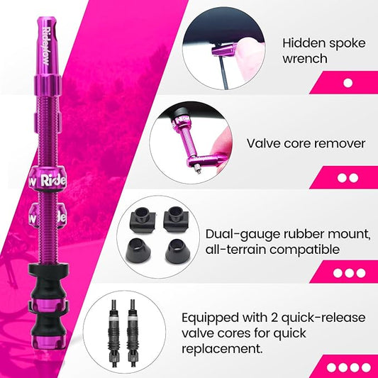 RideNow Tubeless Presta Valve Stems, 85mm Super Light 7075 Aluminum Alloy Presta Tubeless Valve Stem Kit with Valve Core Remover Tool and Valve Stem Caps, Multiple Color and Size Options(Pair), Purple