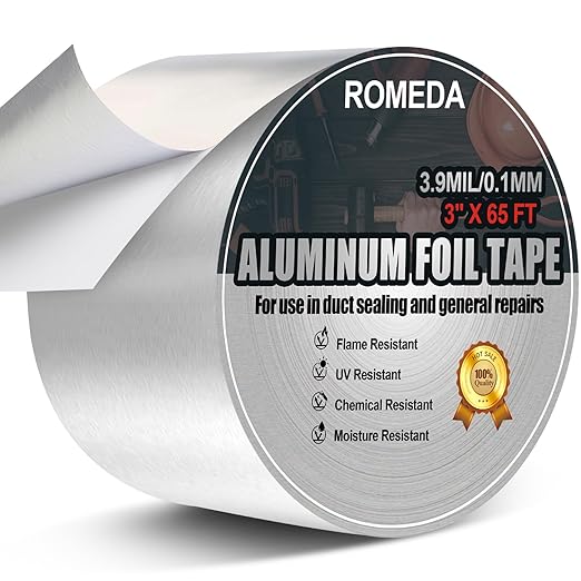Romeda Aluminum Foil Tape, 3 inch x 65 Feet (3.9 mil), Insulation Adhesive Metal High Temperature Heavy Duty HVAC Tape, Silver for Ductwork, Dryer Vent, HVAC