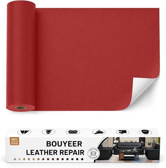 BOUYEER Leather Repair Patch Tape Kit,Self Adhesive Leather Repair for Sofa，Car Seat,Office Chair,Furniture,Jacket,Waterproof Strong Adhesive Vinyl Repair Kit. 16 in x 31 in,Red