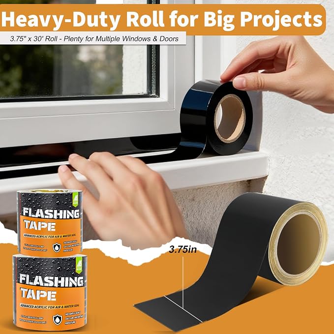 Flashing Tape for Windows and Doors, 3.75 in x 90 ft Roll, Acrylic Adhesive, Self-Adhesive Flashing Tape, Waterproof, UV Resistant, Great for Sealing Doors, Windows, and Construction & Repairs