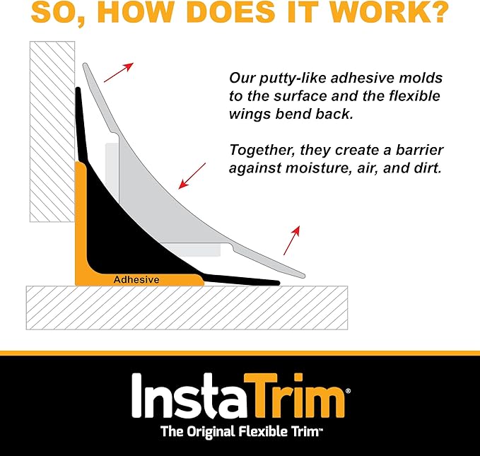 InstaTrim The Original Flexible Trim - 10ft Black 1/2" Wide Caulk Tape - Adhesive Trim with Many Uses Including Windows, Doors, Bathtubs, Sinks, Counters, Tile, Floors - Made in USA
