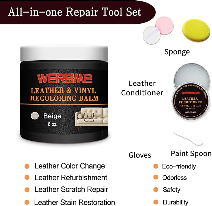 Leather Recoloring Balm & Mink Oil Leather Conditioner, Beige | Restores faded leather, waterproof, scratch repair for couches, car seats, shoes & bags, Complete kit with mink oil & tools