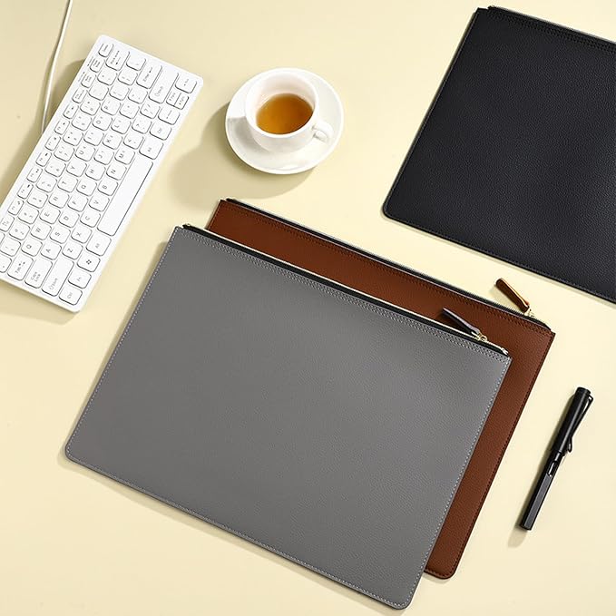 PU Leather A4 File Folder Zipper Document Holder Envelope Folder Case for Receipt Contract (Gray)