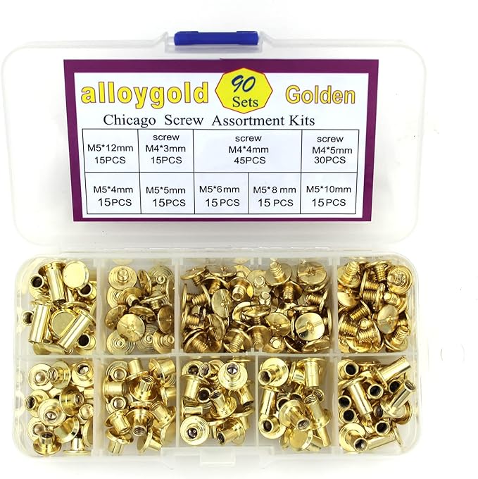 90 Sets M5 Gold Chicago Screws Leather Assorted Kit ，6 Sizes of Screw Rivets for Leather Rivet for DIY Leather Craft and Bookbinding (M5 X 4, 5, 6, 8, 10, 12)