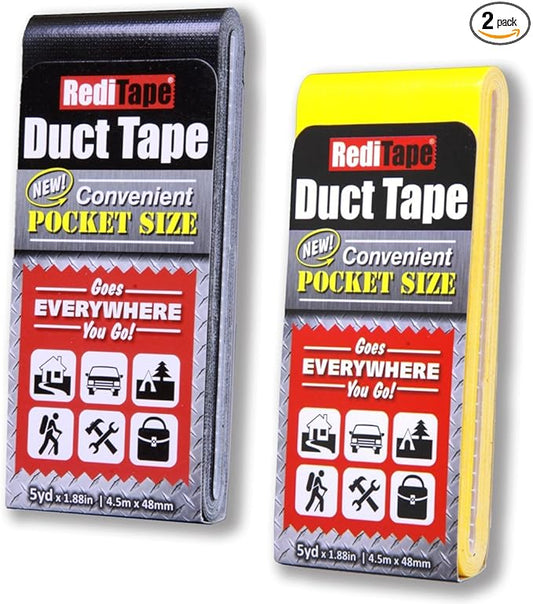 Travel Size Duct Tape Colors 2-Pack (Black & Yellow) - Pocket Size Flat Mini Roll - for Repairs Outdoors Emergency Crafts - 1.88 inch x 5 Yards per Pack