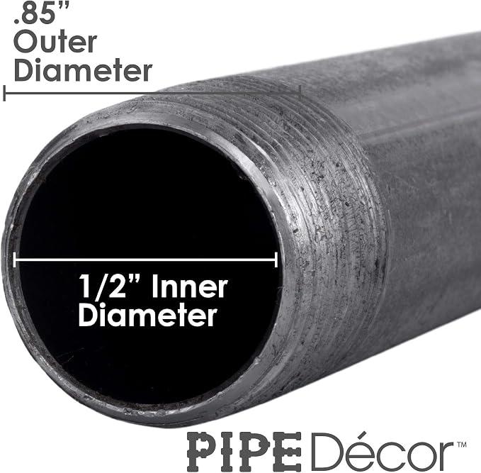 PIPE DÉCOR 1/2” x 36” Malleable Cast Iron Pipe Nipple, Pre Cut Connectors, Industrial Steel Grey Fits Standard Half Inch Black Threaded Pipes Nipples and Fittings, Build Vintage DIY Furniture, 4 Pack