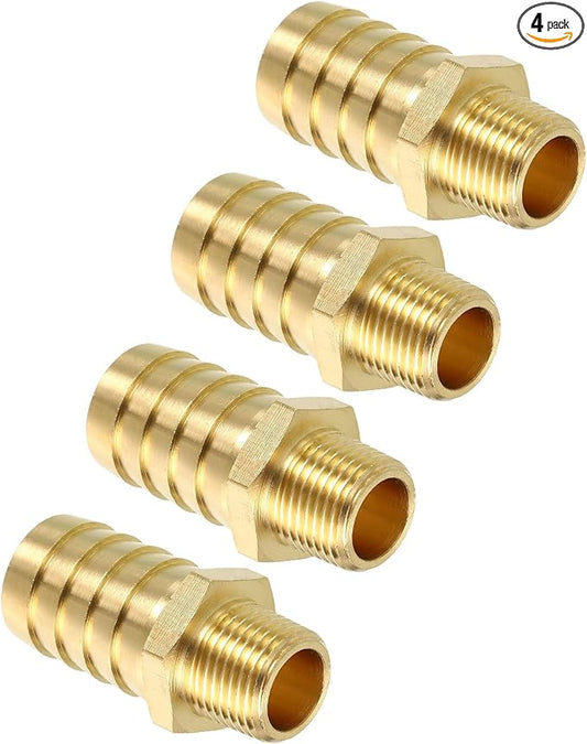 Pack of 4 Brass Hose Barbs Fittings 5/8" Hose Barbs to 1/4" NPT Male Fittings for Home Machines, Massage Bathtubs, and Irrigation Systems