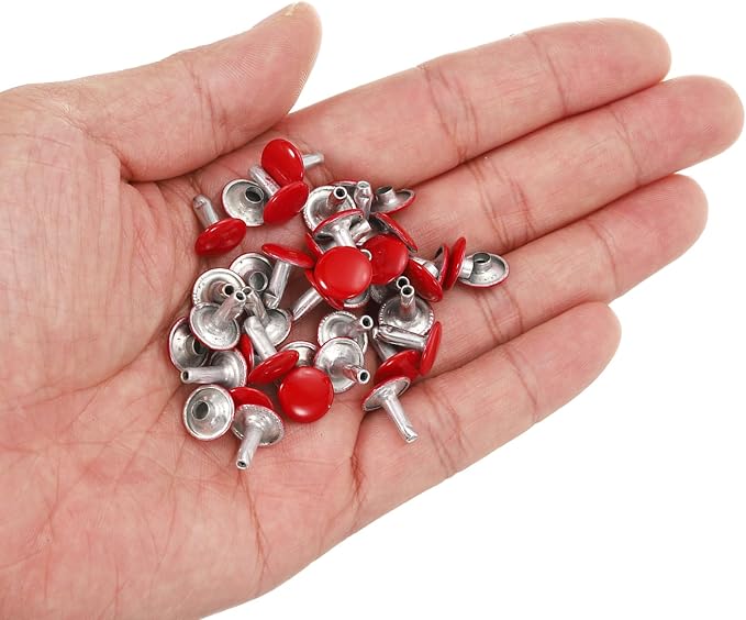 HARFINGTON 100 Sets Double Cap Leather Rivets, 10x10mm Round Cap Tubular Metal Studs Leather Crafting Rivets for Fabric Belt Pet Collar Boot Bag Repair and Decoration, Red