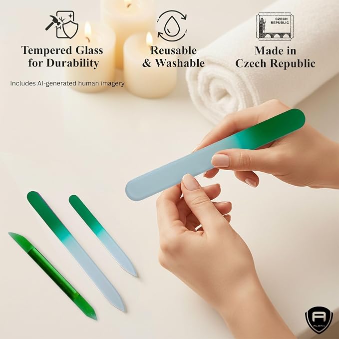 Alban Czech Glass Nail File Set with Manicure Stick & Vegan Leather Cosmetic Case (Green Nail Files, Green Manicure Stick & Cream Cosmetic Case)