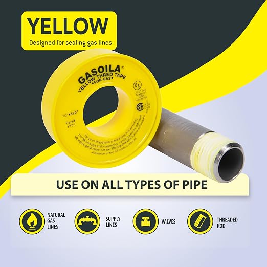 Gasoila Yellow PTFE Thread Seal Tape – Professional-Grade, 1/2 Inch x 520 Inch, High-Density Thread Tape for Gas Lines – Leak-Proof Seal, Non-Toxic