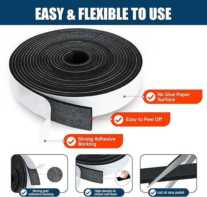 Single Sided Foam Tape Heavy Duty Waterproof, 2 Inch Wide x 1/4 Inch Thick EVA Foam Insulation Tape, Black Weather Stripping for Doors and AC Windows Seal, Soundproof 16.5ft