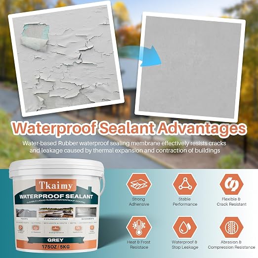 Tkaimy Polyurethane Waterproof Sealant 175oz(5kg), Grey, Fix Leaks & Cracks | Waterproof seal. Stops leaks. Preserves original look. Easy brush, roll, or spray application.