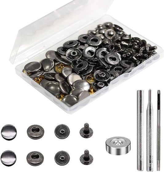 BetterJonny 24 Sets Heavy Duty Leather Snap Fasteners Kit, 15mm Metal Snap Buttons Press Studs Leather Rivets Snaps with 4 Setter Tools for Clothes Bracelet Jackets Jeans Gun Black