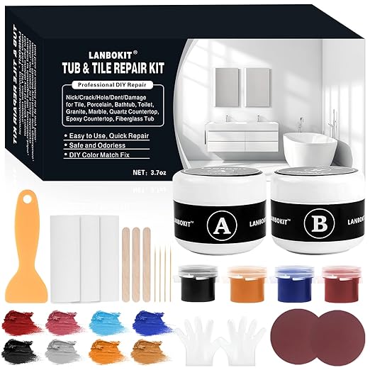 LANBOKIT Tile & Fiberglass Tub Repair Kit(Color Matching), Porcelain Sink Repair Kit, Countertop Repair Kit for Granite, Marble, Quartz, Ceramic & Shower Repair Kit for Chips, Cracks, Scratches, Holes