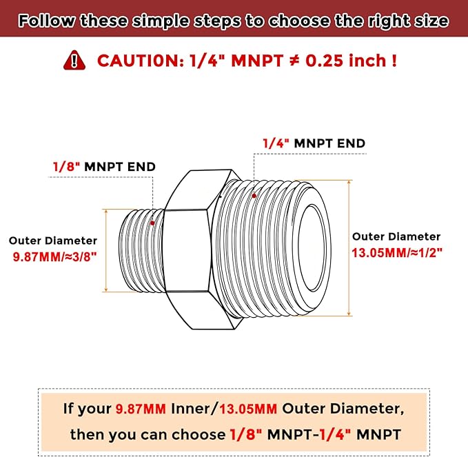Pack of 2, 1/4" MNPT to 1/8" MNPT Solid Brass Hex Nipple Hose Connectors, Male Pipe Adapter for Pipe Leak Repair, Bathroom Remodeling, Tool Extensions, Compression