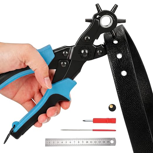 XZQTIVE 6 Sizes Heavy Duty Revolving Punch Plier Kit, Double Lever Labor-Saving Belt Hole Puncher Tool Set for Leather Repair, Watch Bands, Bag Straps, Dog Collars, Saddles, Shoes, Fabric, DIY Crafts