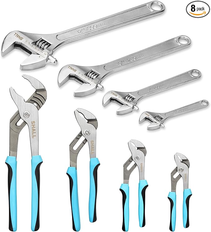 SHALL 8-Piece Adjustable Wrench & Water Pump Pliers Set, 12/10/8/6 Inch, 4Pcs Adjustable Tongue and Groove Joint Pliers and 4Pcs Wide Jaw Forged Steel Wrench for Plumbing, Gripping, Auto Home Repair