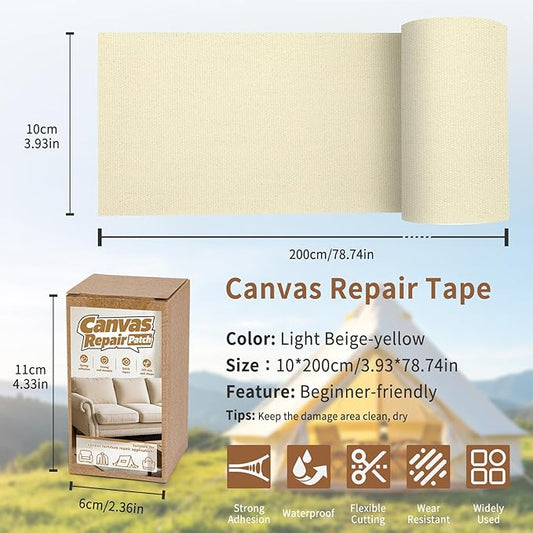 Canvas Repair Tape, 4×79 in Waterproof Fabric Repair Tape, Self-Adhesive Canvas Fabric Patches for Repairing Boat Covers, Sun Shades, Sofas, Tents, Lounge Chairs, Awnings, Light Beige-Yellow