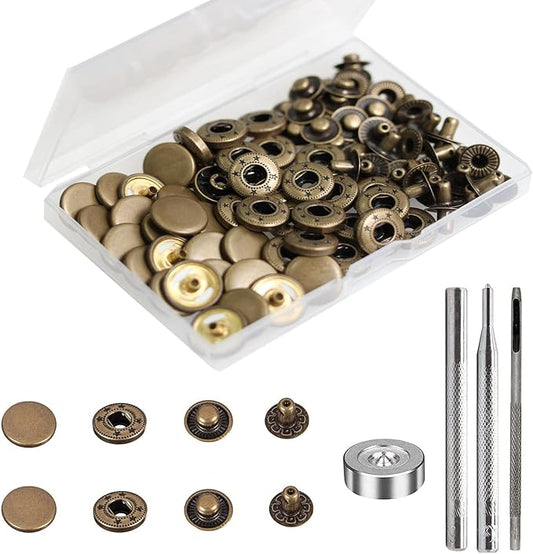 BetterJonny 24 Sets Heavy Duty Leather Snap Fasteners Kit, 15mm Metal Snap Buttons Press Studs Leather Rivets Snaps with 4 Setter Tools for Clothes Bracelet Jackets Jeans Antique Brass