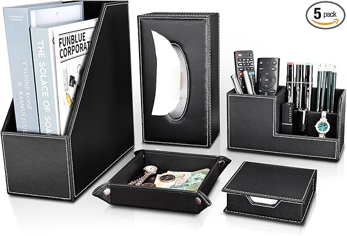 KINGFOM 5 PCS/SET Pu Leather Desk Organizer File Holder Accessories, Magazine Storage Rack+Desktop Pen&Pencil Holder+Tissue Box Cover+Leather Jewelry Accessories Tray