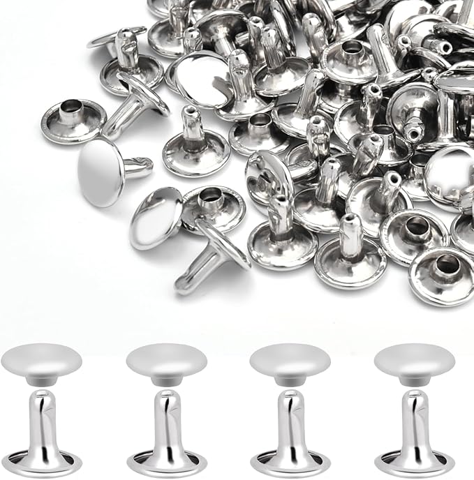 200Sets Rivets for Leather, 10mm Double Cap Leather Rivets Metal Tubular Studs for Key Fob Clothing Pets Collar Boots Bags Belt Repair and Decoration (Silver)