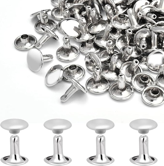 200Sets Rivets for Leather, 10mm Double Cap Leather Rivets Metal Tubular Studs for Key Fob Clothing Pets Collar Boots Bags Belt Repair and Decoration (Silver)