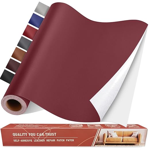 Self Adhesive Leather Repair Patch Kit, 17 in x 79 in Large Vinyl Leather Repair Tape for Furniture, Car Seat, Couch, Sofa, Chair Smooth Maroon