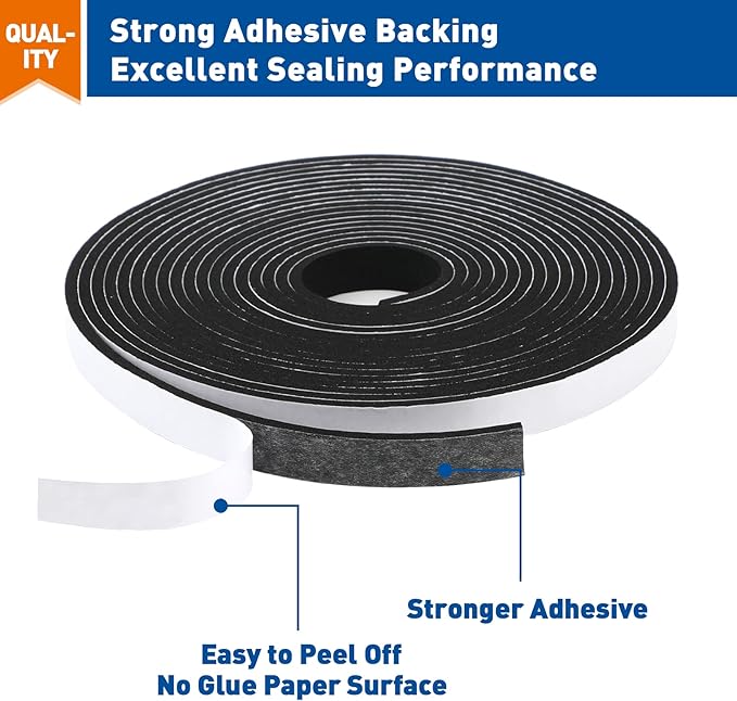 MAGZO Weather Stripping Door Seal, 1/2 Inch Wide X 1/8 Inch Thick Adhesive Foam Tape Soundproof Weatherstripping for Windows, 3 Rolls Total 50FT Black