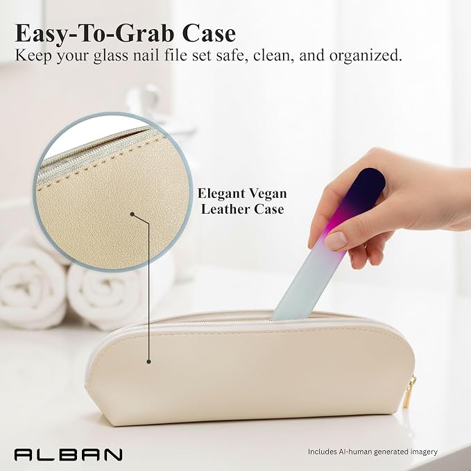 Alban Czech Glass Nail File Set with Manicure Stick & Vegan Leather Cosmetic Case (Purple-Pink Nail FilesPink Manicure Stick & Cream Cosmetic Case)