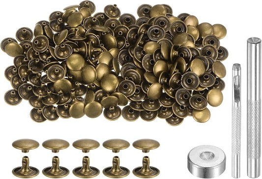 HARFINGTON 100 Sets Leather Rivets 8 x 12mm Metal Double Cap Rivet Snaps Studs Fasteners with 3pcs Setting Tools for Leather Craft DIY Repair Decoration, Bronze