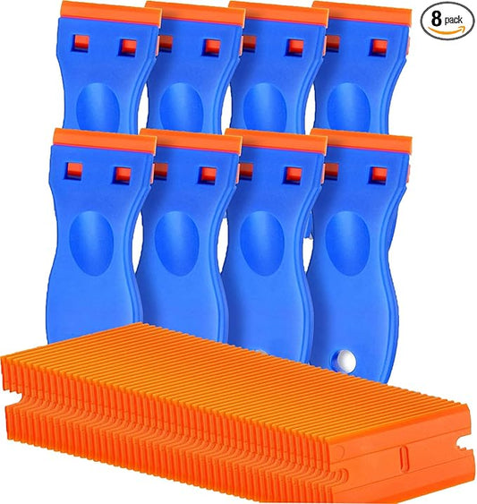 8 Pcs Plastic Razor Blade Scraper and 100 Pcs Blades, Remove Label Decal Tool， Forwithout Scratches Plastic Razor Blade Scraper, Adhesive Remover for Stickers, Kitchen Appliances and Paints on Window