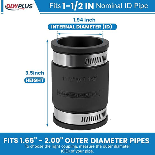 2 Pcs 1-1/2 IN Flexible PVC Pipe Coupling with Stainless Steel Clamps Fit 1-1/2 IN Nominal Pipes, Couplers for Plastic and Copper Pipe Plumbing Connections, Drain Repair, Dust Hose
