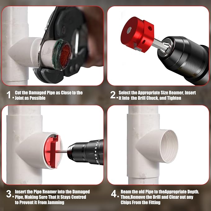 8-Piece PVC Pipe Reamer Kit - Qoobly Plastic Pipe Fitting Reamers for 1/2" Drills, Compatible with SCH40 PVC CPVC ABS Pipes - Reamer Sizes from 1/2" to 4" for Tubs Professional Pipes Repairs DIY Use