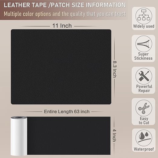 Self Adhesive Leather Repair Patch Kit, 4" x 63" Large Vinyl Leather Repair Tape for Furniture, Car Seat, Couch, Sofa, Chair Black