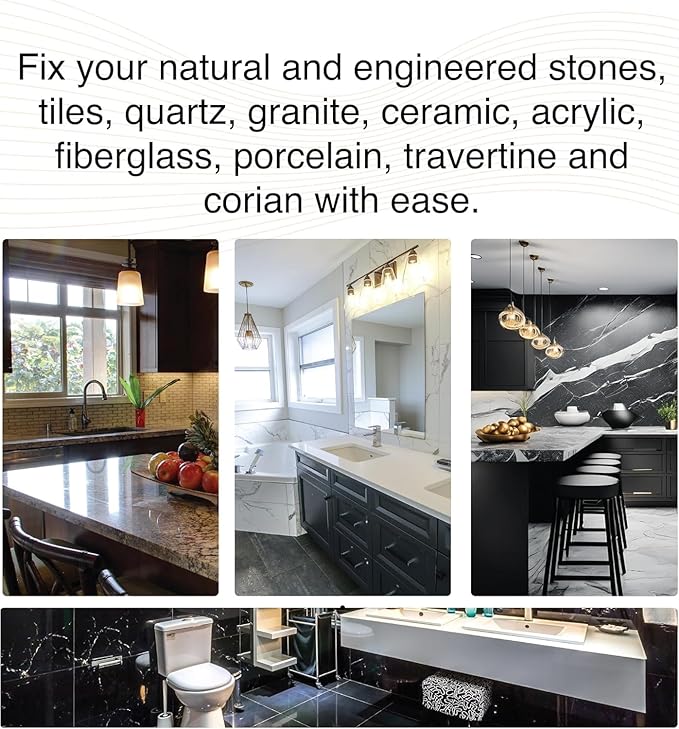Granite Countertop Repair Kit (Clear Color + Polisher) - Made by Engineers I Also for Marble, Quartz, Acrylic, Fiberglass, Porcelain, Tile & Ceramic Surfaces I Easy Process & Quick Results