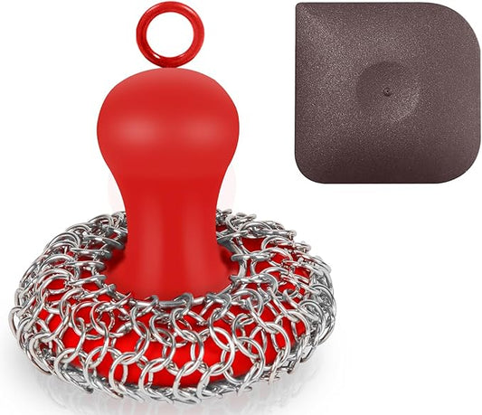 Cast Iron Cleaner Scrubber with Handle - Patented Chain Mail Cast Iron Scrubber Brush-Chainmail Sponge Scrub Cleaning Tool to Clean Skillets, Pan,Griddle, Wok, Dutch Oven